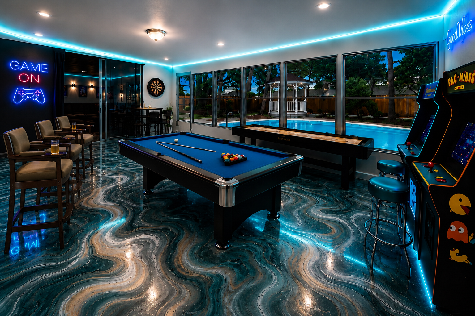 Epic game room with pool table, shuffleboard and arcade